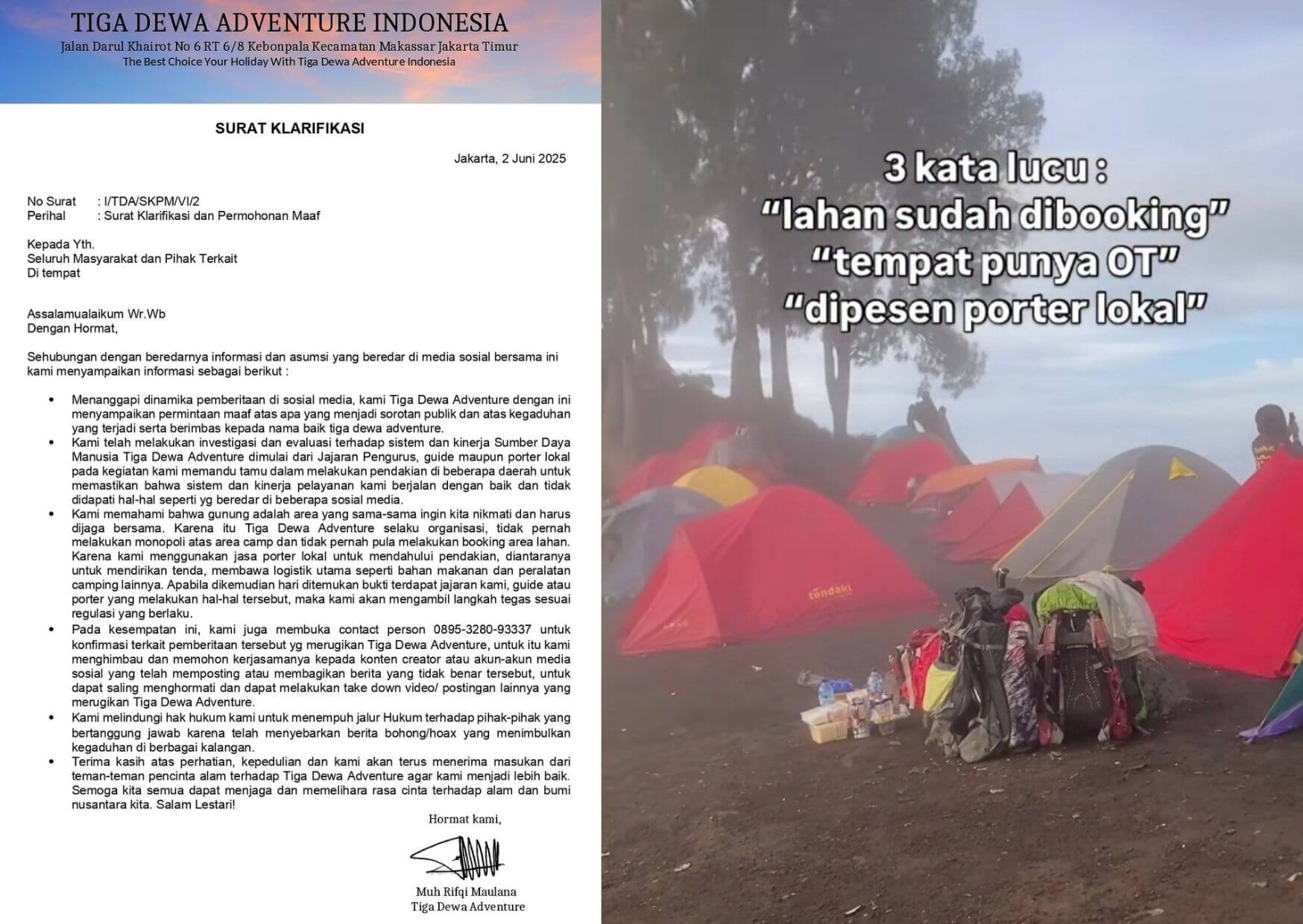 Viral Dituduh Usir Pendaki di Area Camp Gunung Rinjani, Tiga Dewa Adventure Klarifikasi