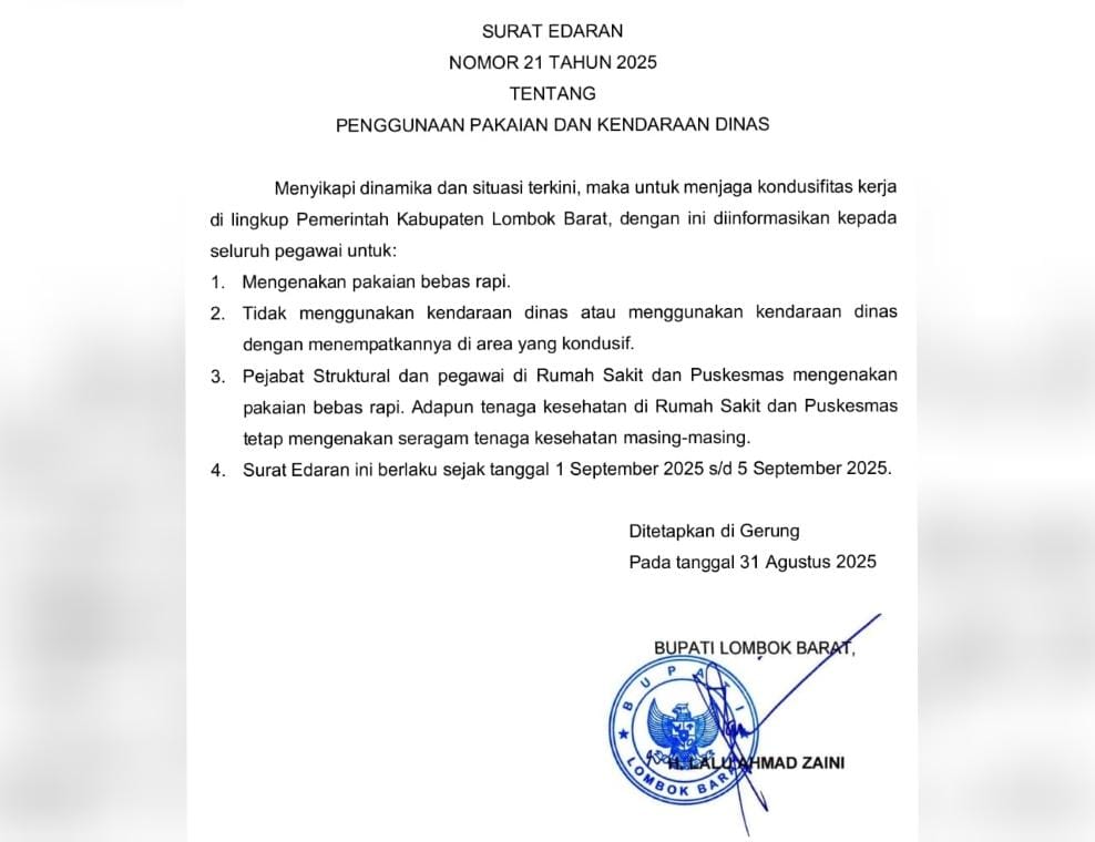 Jelang Aksi ‘Panggilan Revolusi’, Bupati Lobar Larang ASN Gunakan Kendaraan Dinas